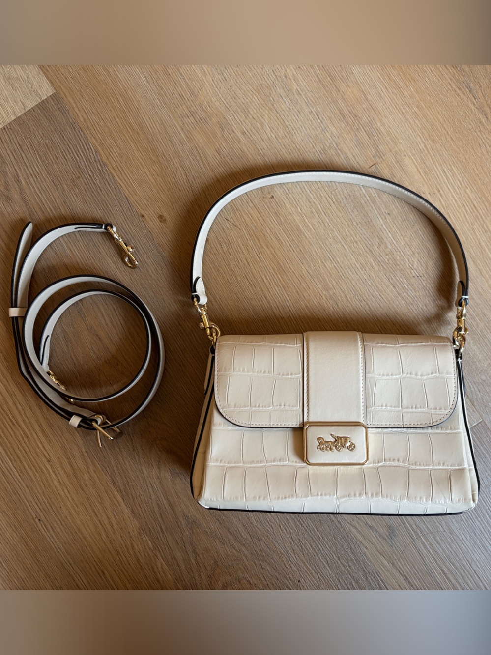 Coach Cream Croc-Embossed Shoulder Bag with Gold Hardware